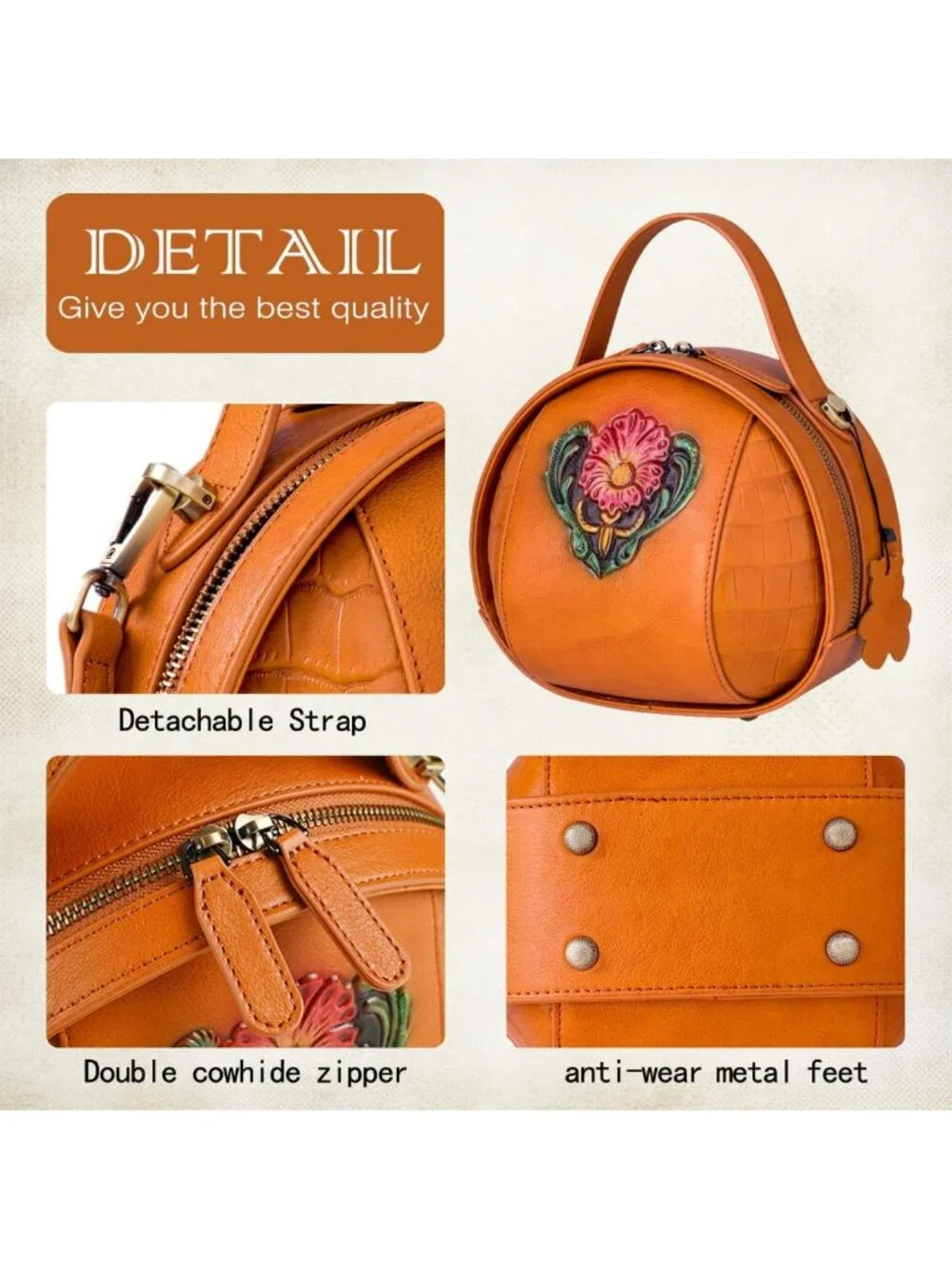 Vintage Leather Crossbody Bag for Women - Embossed Flower Design, Structured